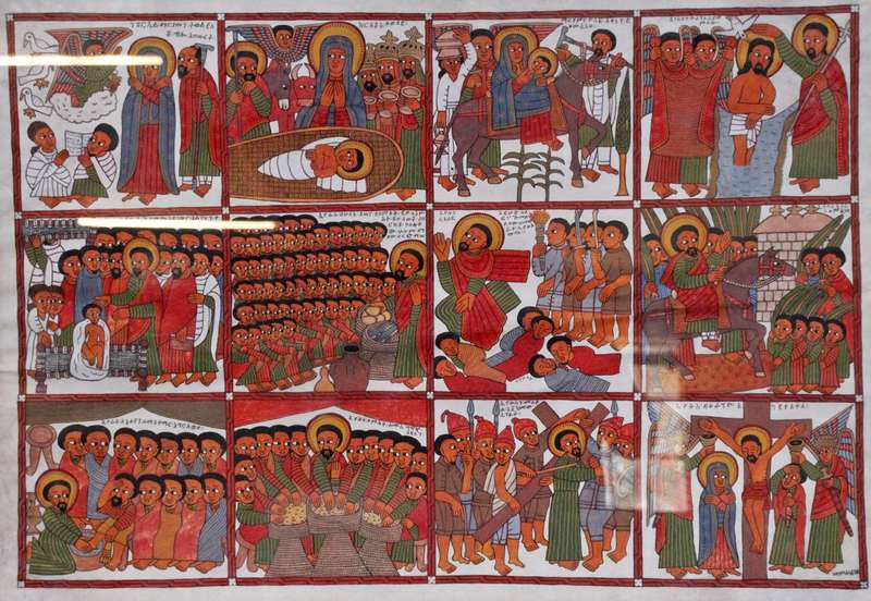 Rare Ethiopian Coptic Church Painting on Cowhide :the life of Jesus ( 93 x 67 cm )