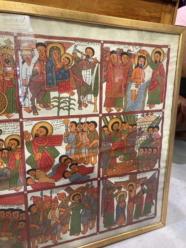 Rare Ethiopian Coptic Church Painting on Cowhide :the life of Jesus ( 93 x 67 cm )