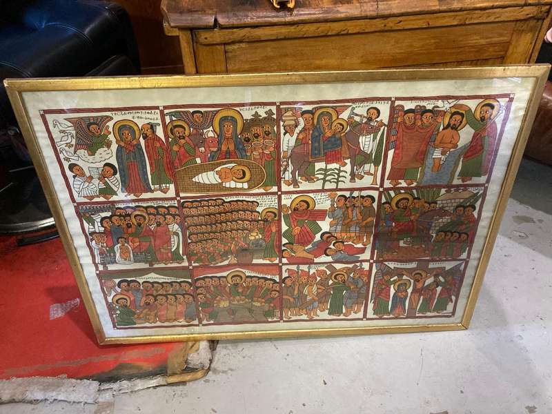 Rare Ethiopian Coptic Church Painting on Cowhide :the life of Jesus ( 93 x 67 cm )