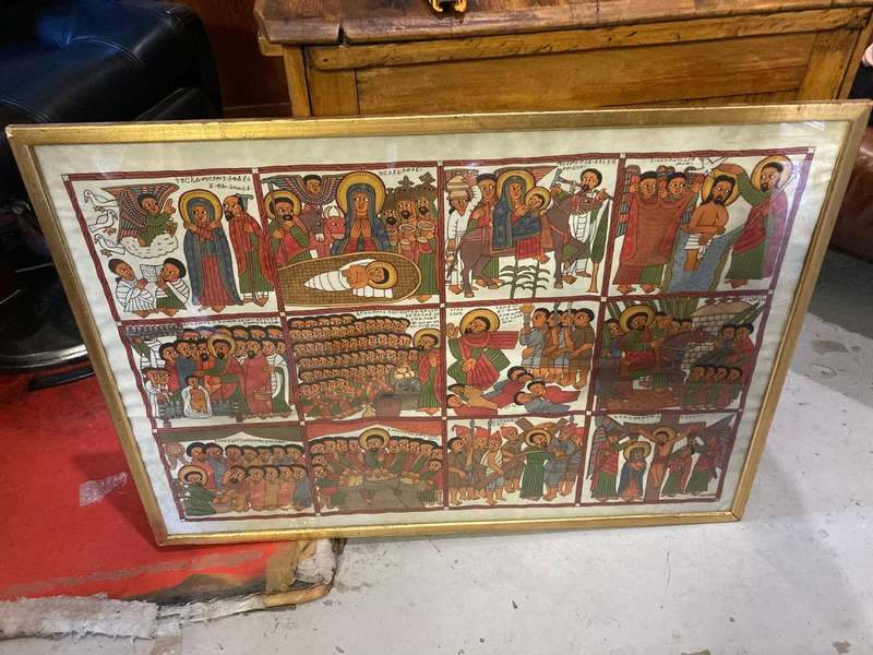Rare Ethiopian Coptic Church Painting on Cowhide :the life of Jesus ( 93 x 67 cm )