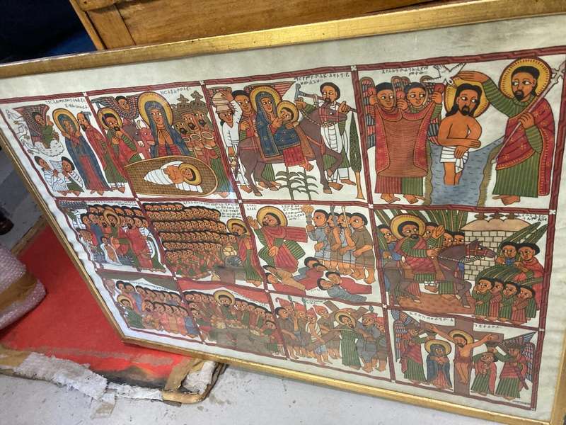 Rare Ethiopian Coptic Church Painting on Cowhide :the life of Jesus ( 93 x 67 cm )