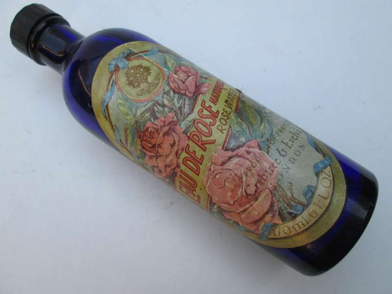 VINTAGE EAU DE ROSE, ROSE WATER BOTTLE 1/2 FULL