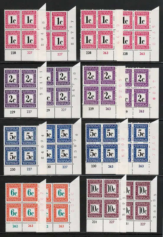 RSA 1967 POSTAGE DUES COMPLETE IN CYL BLOCKS WITH ENGLISH AND AFRIKAANS AT TOP MNH SACC 56S-60S