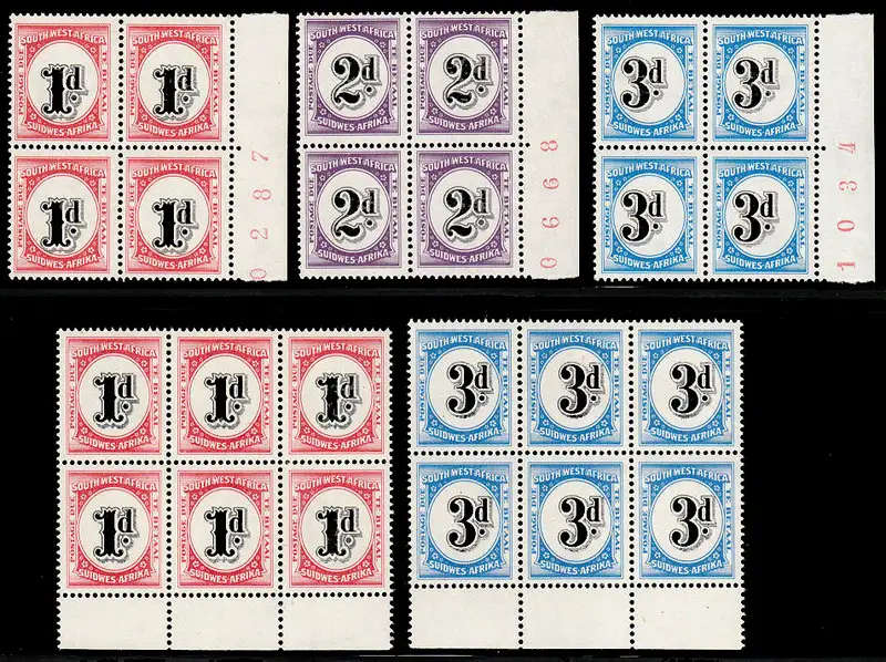 SOUTH WEST AFRICA 1959 POSTAGE DUES SPRINGBOK/COAT OF ARMS WMK IN BLOCKS V FINE MNH SACC 51-55 R600