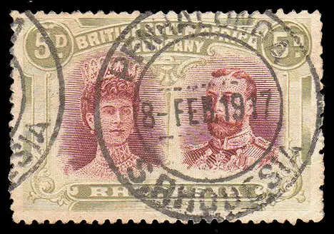 RHODESIA BSAC 1910 DOUBLE HEADS 5d LAKE-BROWN AND OLIVE WITH SPELLING MISTAKE IN POSTMARK. SACC 143