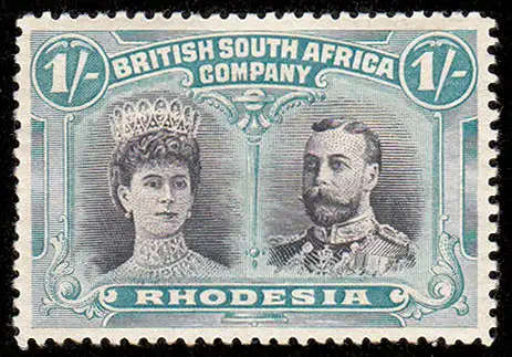 RHODESIA BSAC 1910 DOUBLE HEADS 1s BLACK AND PALE BLUE-GREEN FINE MINT. SACC 152