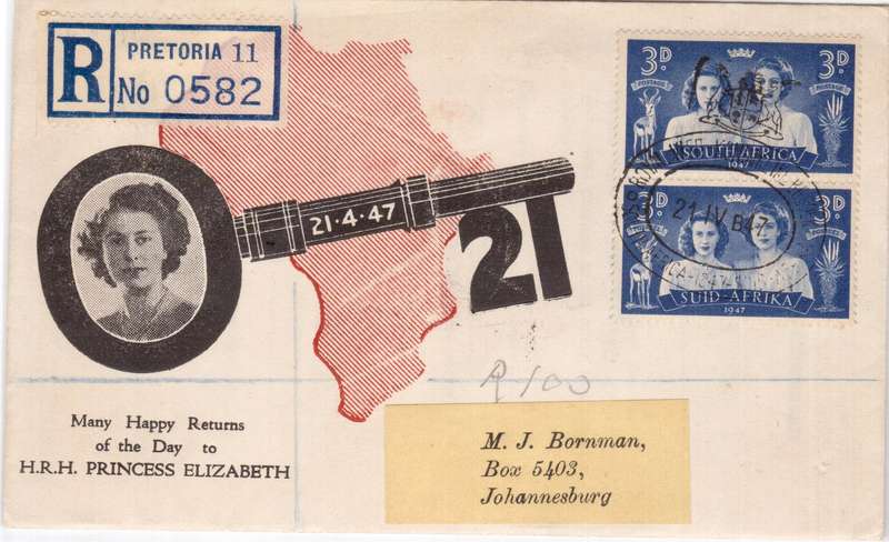 Union Cover Dated/Cancelled 21-4-47 Pair of 3d QEII