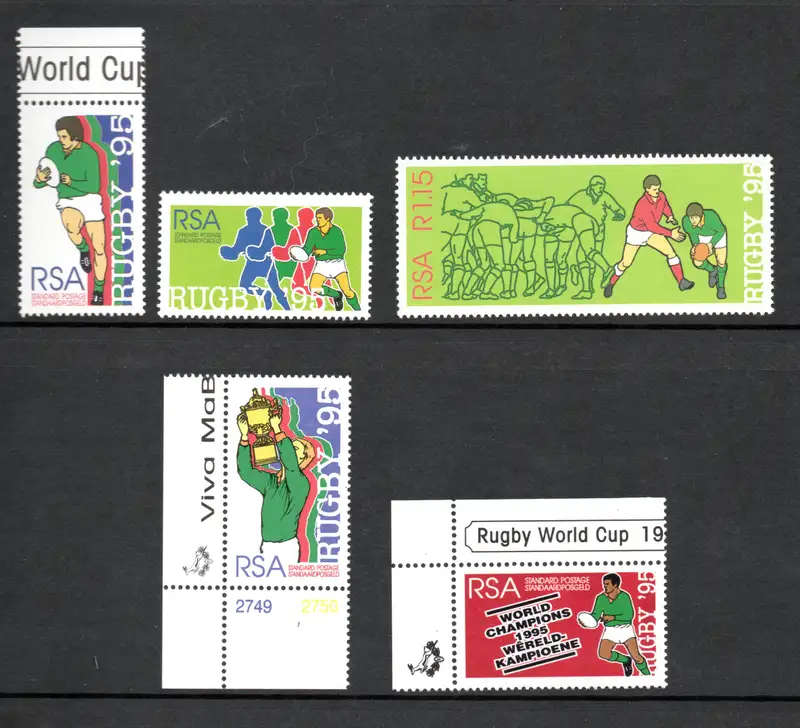 RSA 1995: Rugby World Cup Set: UMM & FDCs: SACC 896-897, 898, 899,903-904