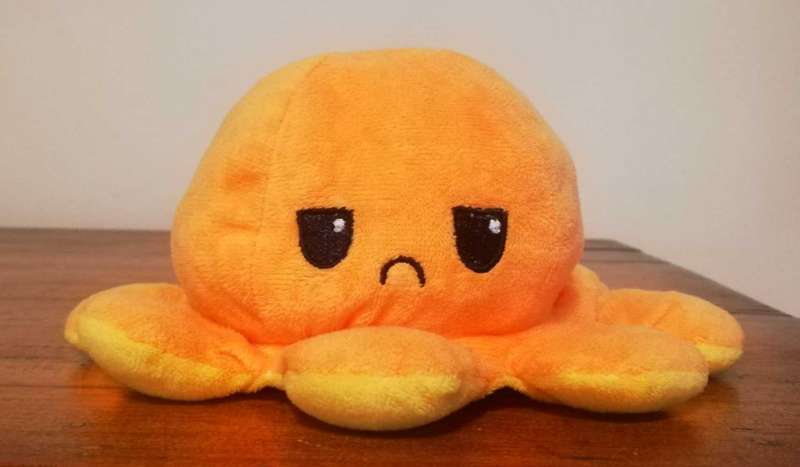 Reversable Plushie. Octopus yellow and orange Happy/Sad Face. 12cm.