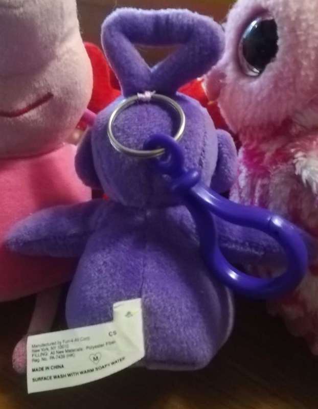 Vintage 1998. Tinky Winky from Teletubbies Keychain. Glitter TV Screen on tummy. 13cm.