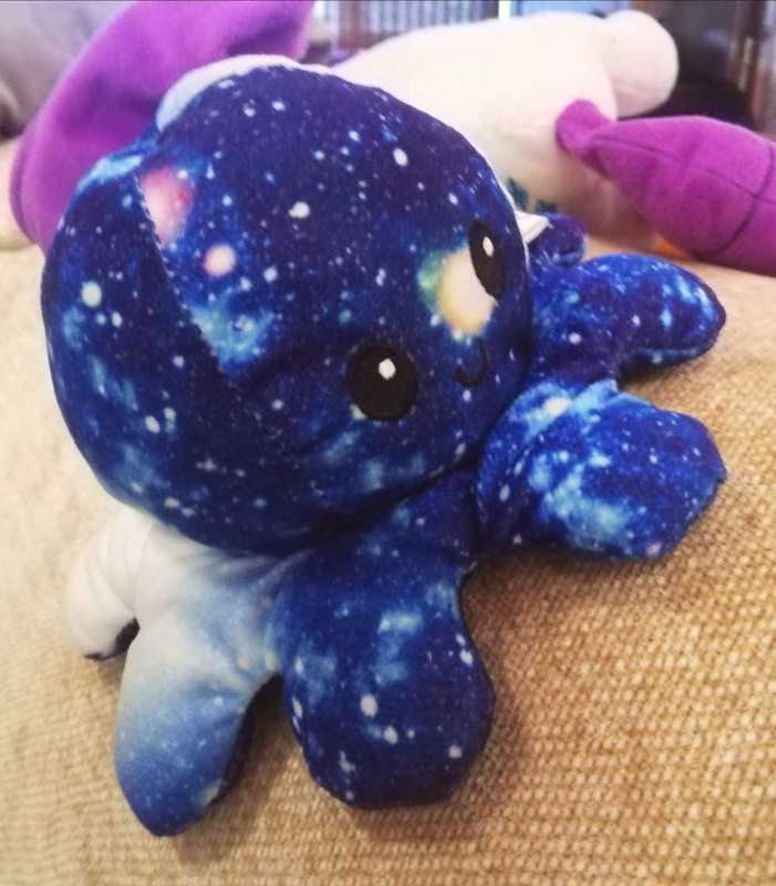Reversable Plushie. Octopus blue and purple Galaxy Happy/Sad Face. 12cm.