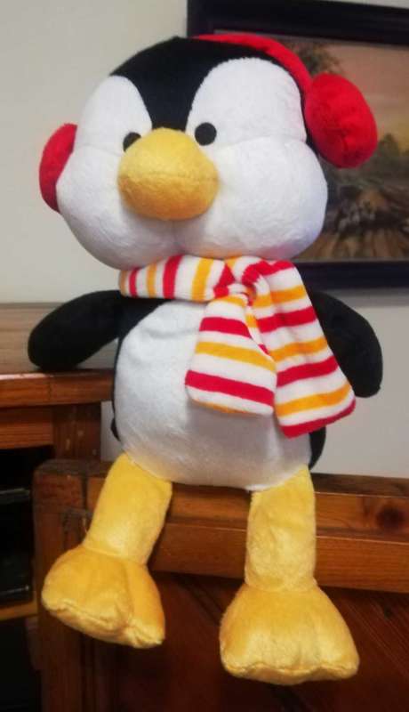 Lovely Sunkid Peggy the Penguin with Red Earphones and a Cheery Striped Scarf! 32cm.