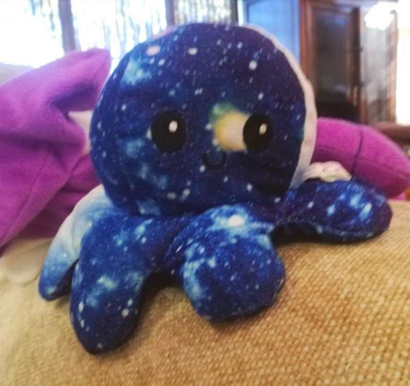 Reversable Plushie. Octopus blue and purple Galaxy Happy/Sad Face. 12cm.