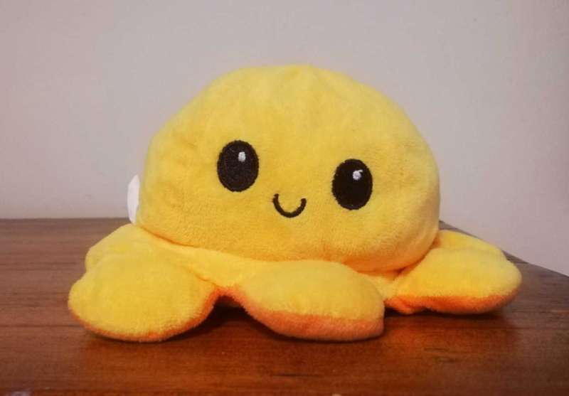 Reversable Plushie. Octopus yellow and orange Happy/Sad Face. 12cm.