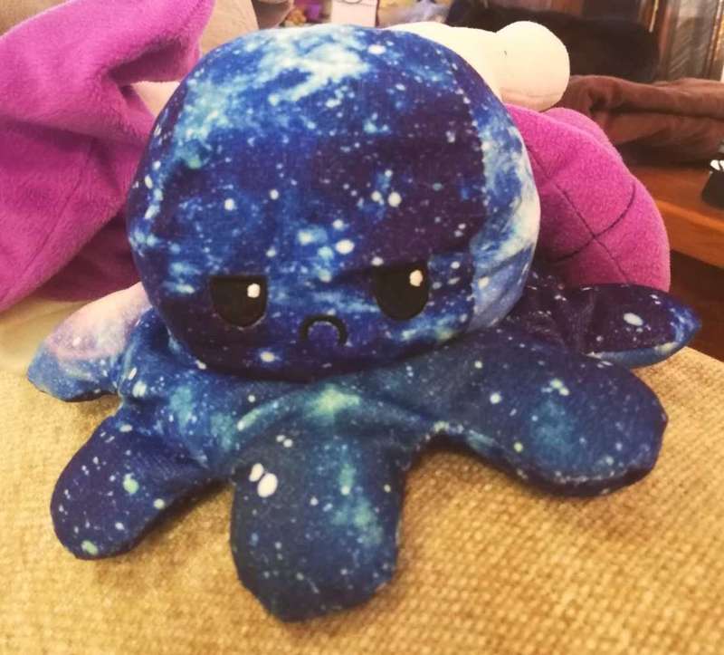 Reversable Plushie. Octopus blue and purple Galaxy Happy/Sad Face. 12cm.