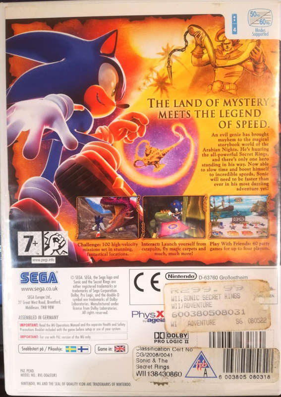 Nintendo Wii. Sonic and the Secret Rings Game.