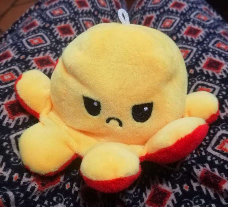 Reversable Plushie. Octopus yellow and red Keyholder. Happy/Sad Face. 8cm.