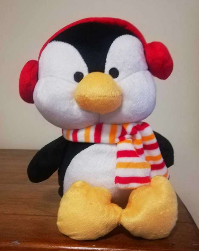 Lovely Sunkid Peggy the Penguin with Red Earphones and a Cheery Striped Scarf! 32cm.