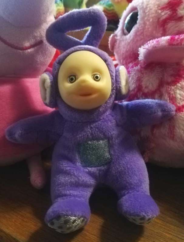 Vintage 1998. Tinky Winky from Teletubbies Keychain. Glitter TV Screen on tummy. 13cm.