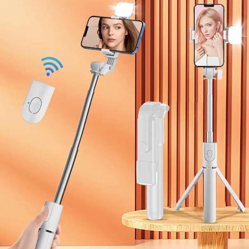 Tripod Selfie Stick with Light & Remote - White