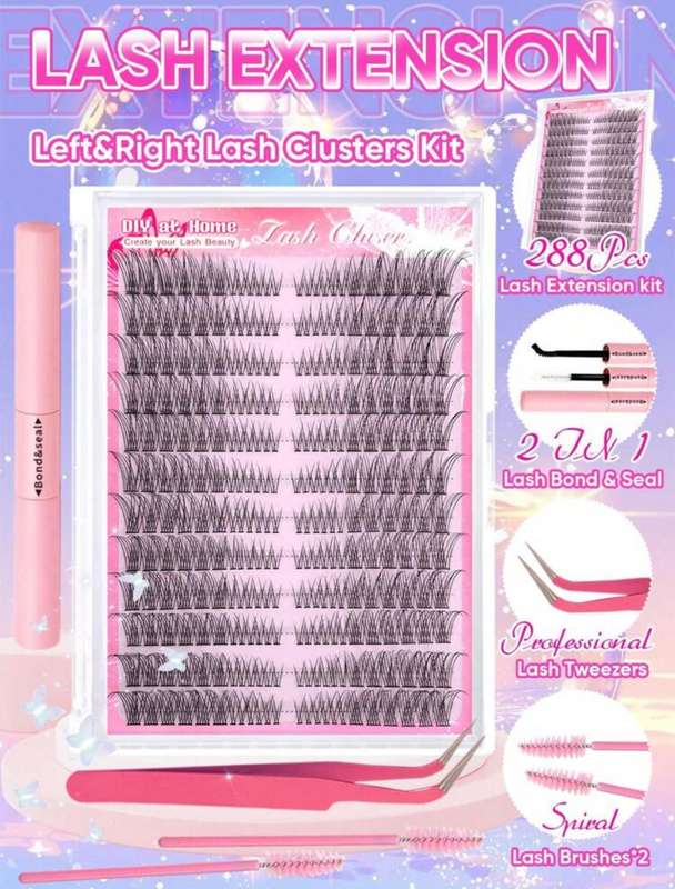 288pcs Cat Eye Lash Kit 816mm D Curl | Bond & Seal Adhesive + Tweezers | Left & Right Lash Segments