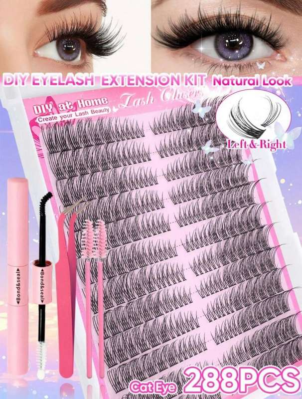 288pcs Cat Eye Lash Kit 816mm D Curl | Bond & Seal Adhesive + Tweezers | Left & Right Lash Segments