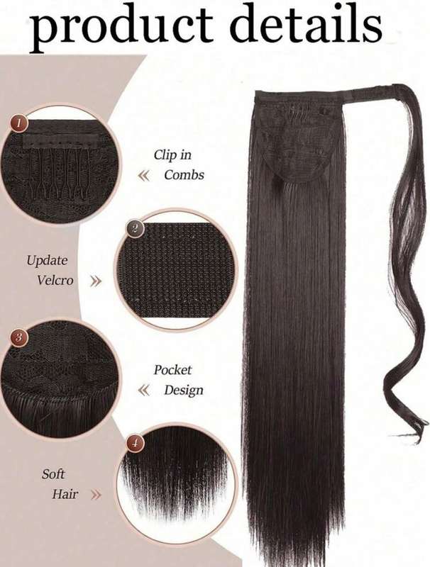 34-Inch Wrap-Around Ponytail Extension  Black Brown | Synthetic Hair | Sleek & Voluminous