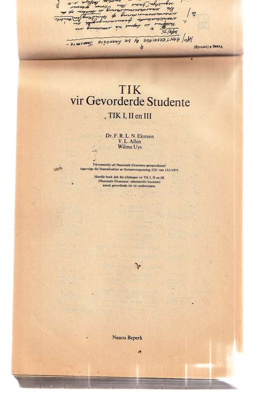 Vintage TIK VIR GEVORDERDERDE STUDENTE handboek (Eksteen Allen Uys) Vir versamelaars