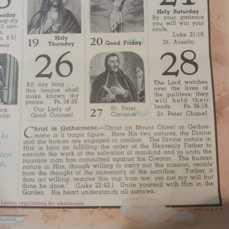 Church Art Calender for the Catholic Home 1962