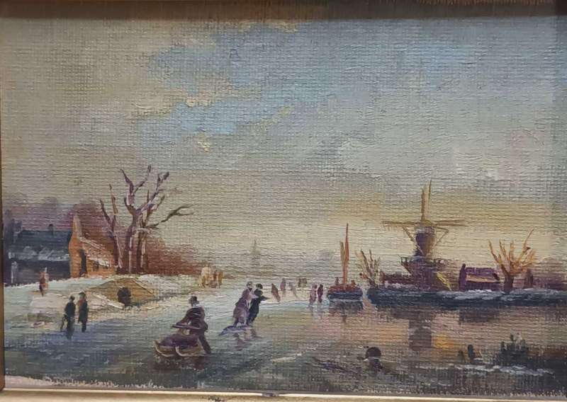 Dutch ice skating scene oil painting