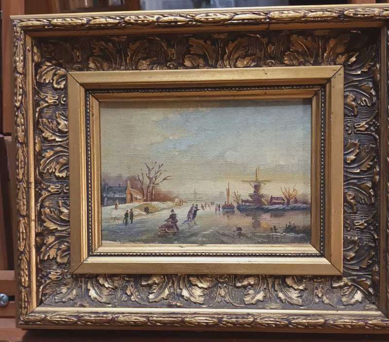 Dutch ice skating scene oil painting