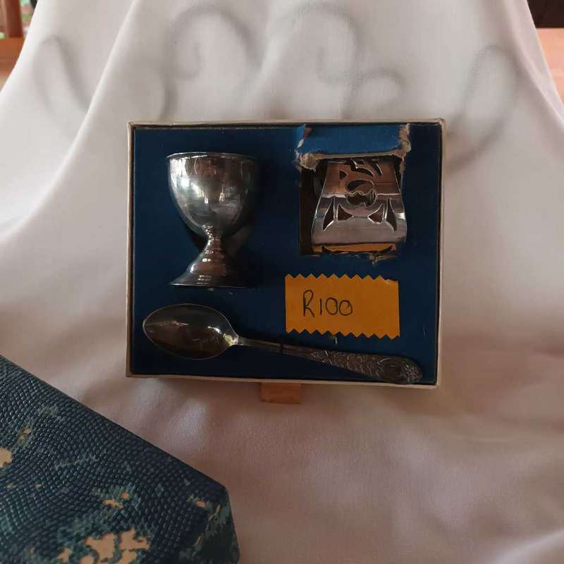 Vintage baby egg holder, spoon and serviette holder gift set