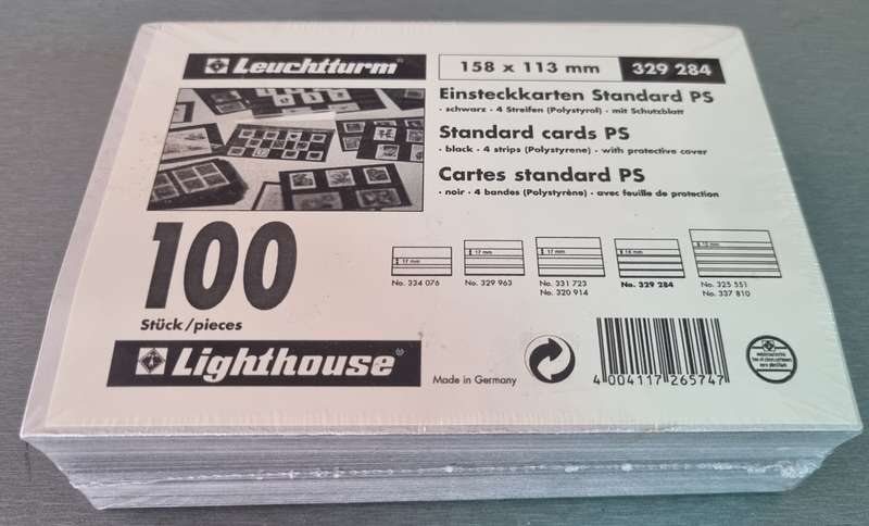LIGHTHOUSE (X100) STANDARD STOCK CARDS STILL SEALED 158x113mm. BLACK. FOUR STRIPS. AS PER IMAGES.