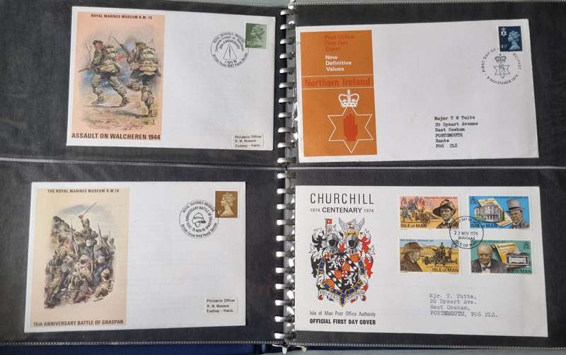 GB/ISLE OF MAN/JERSEY ETC IN ALBUM WITH FDCs, COMM COVERS ETC+ODD ROYAL ENGINEER COVERS SIGNED. READ