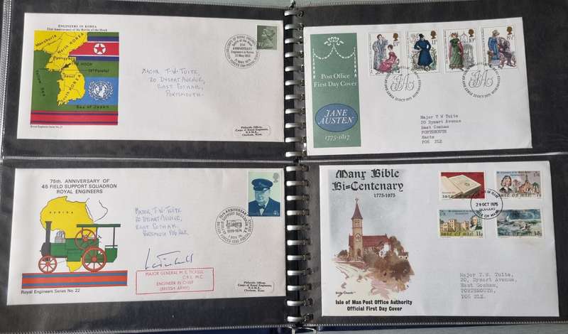 GB/ISLE OF MAN/JERSEY ETC IN ALBUM WITH FDCs, COMM COVERS ETC+ODD ROYAL ENGINEER COVERS SIGNED. READ