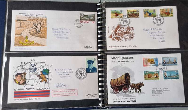GB/ISLE OF MAN/JERSEY ETC IN ALBUM WITH FDCs, COMM COVERS ETC+ODD ROYAL ENGINEER COVERS SIGNED. READ