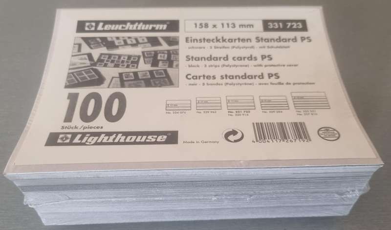 LIGHTHOUSE (X100) STANDARD STOCK CARDS STILL SEALED 158x113mm. BLACK. THREE STRIPS. AS PER IMAGES.