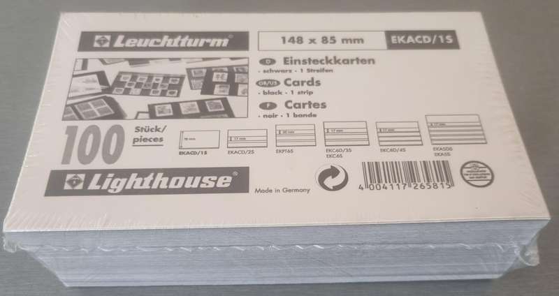 LIGHTHOUSE (X100) STOCK CARDS STILL SEALED. 148x85mm. BLACK. ONE STRIP. AS PER IMAGES.