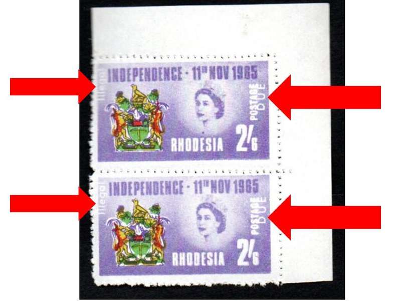Rhodesia 1965 2s6d independence cnr pair forgery 'illegal' 'due' added by 'Rhodesia Loyalists'. umm.