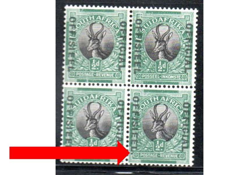 UNION 1929 1/2d OFFICIAL BLK OF (X4) M/M WITH VARIETY 'STOP AFTER OFFISIEEL ON ENG' CC8a. CV R750.