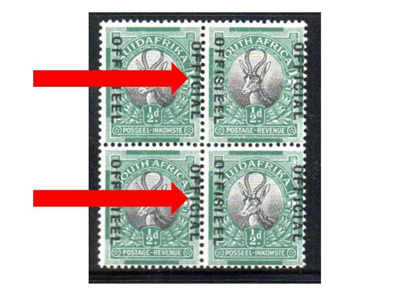 Union 1929 1/2d official blk of (x4) umm with unlisted variety 'overprint shifted into perfs'.