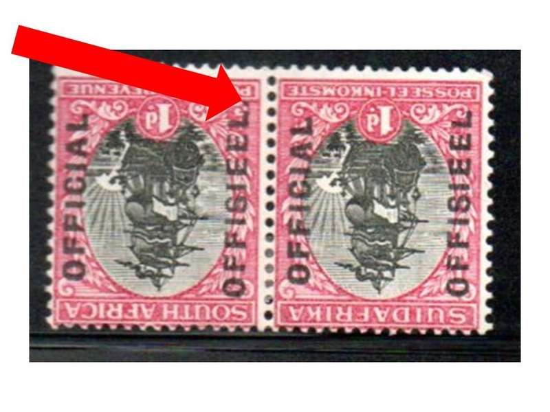 Union 1930-47 1d Official on CC43a (inv wmk) mm pair with variety 'stop after Offisieel Eng stamp'.