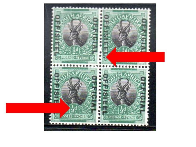 UNION 1930-47 1/2d OFFICIAL MINT BLK (TOP PAIR MM) WITH 'STOP AFTER AFR' + 'MISSING FRACTION BAR'.