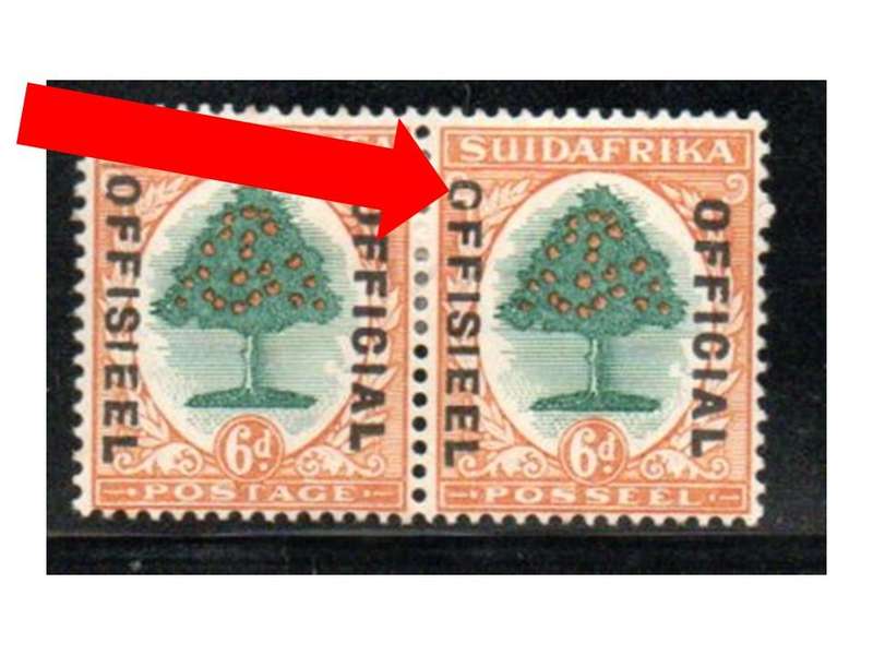 Union 1930-47 6d official m/m pair with unlisted variety 'broken o in offisieel' - SACCO16.