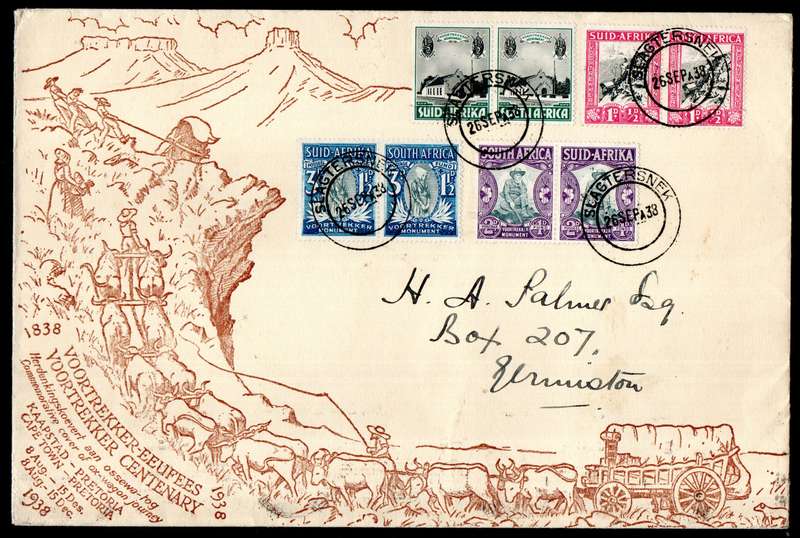 UNION 1938 VOORTREKKER COVER. AS PER SCANS. SLAGTERSNEK POSTMARKS.