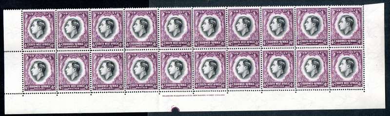 SWA 1937 KGVI CORONATION 4d UMM DOUBLE BOTTOM ROW BLK OF (X20) WITH INSCRIPTION. SACC129. NB: READ.