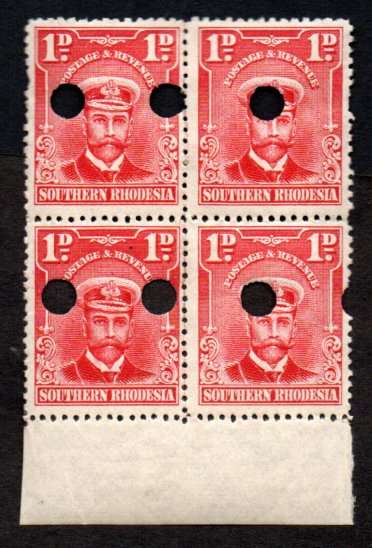 S RHODESIA 1924 KGV ADMIRAL 1d BRIGHT ROSE CC2 'PERF'D PROOF' MARG BLK OF (X4). WATERLOW PUNCH HOLES