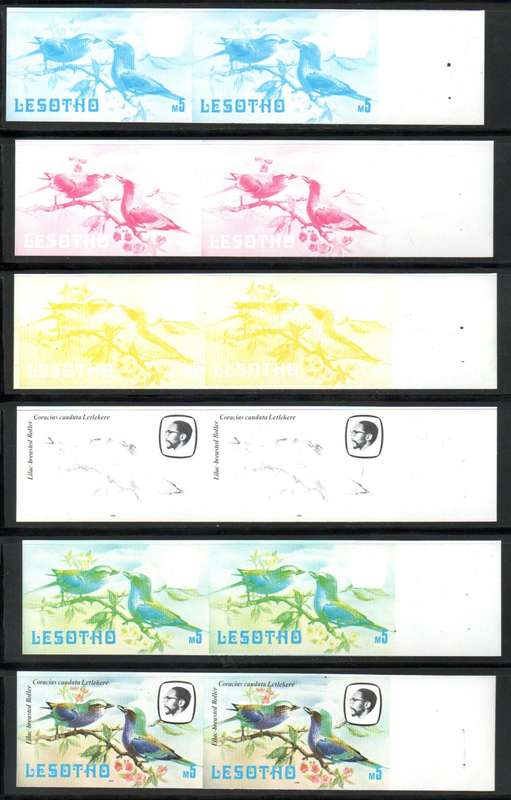 LESOTHO 1982 LILAC-BREASTED ROLLER 5m `IMPERF COLOUR PROGRESSIVE`PROOF PAIRS. AS PER SCANS.
