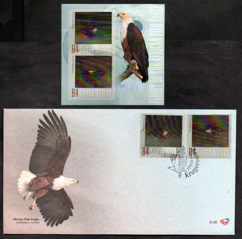 RSA 2013 FLIGHT OF THE AFRICAN FISH EAGLE SELF-AD MINI SHEET + FDC NO 8.46. AS PER SCANS.