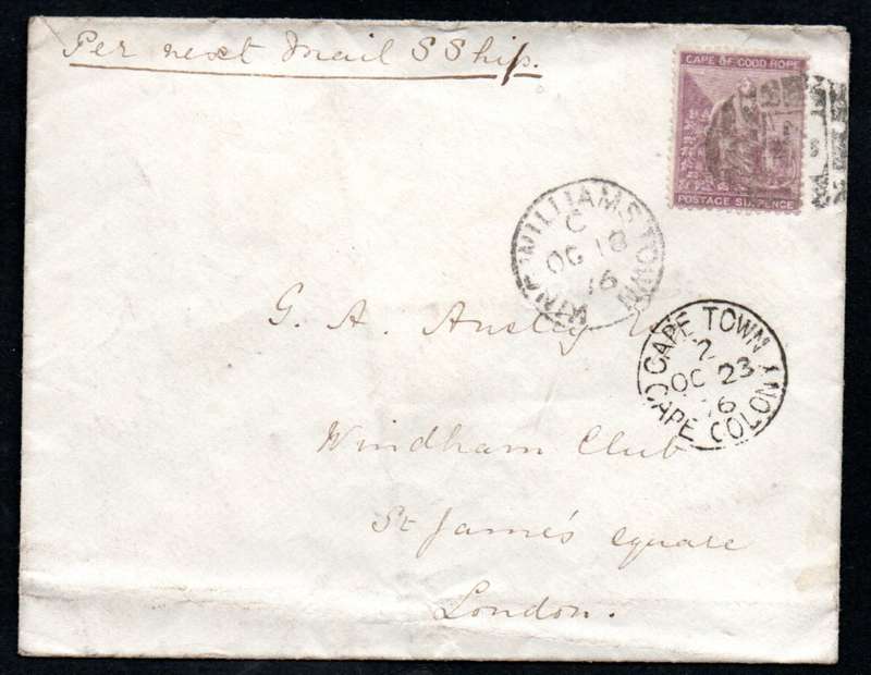CAPE OF GOOD HOPE 1876 COVER (VIA MAIL SHIP) KING WILLIAMS TOWN TO LONDON. CONDITION AS PER SCANS.